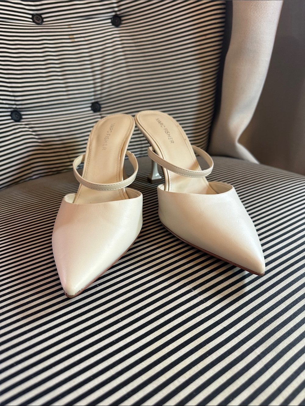 Marc Fisher Pointed Toe Strap Mule Heels - Cream / Off-White 9.5